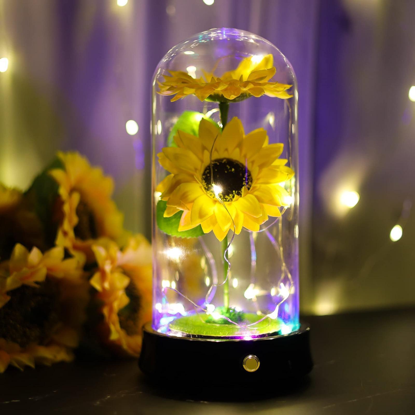 Sunflower glass dome lamp on wooden base – preserved flower night light gift