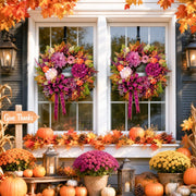 Purple Rose Mixed Fall Wreath with Maple Leaves & Ribbon