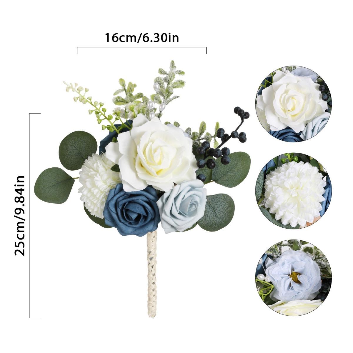 Dusty Blue Wedding Bouquet Artificial White Rose & Eucalyptus | Bride Bridesmaid & Toss Bouquet for Wedding Bridal Decor in Blue White
