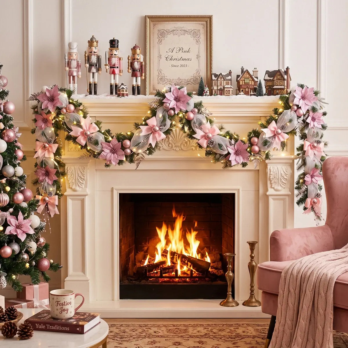 5.9FT luxury Christmas cane garland with pink poinsettia blooms, mesh bows and rose gold ball ornaments, draped across a white fireplace mantel in an elegant pink Christmas living room with nutcracker figurines and lit Christmas tree
