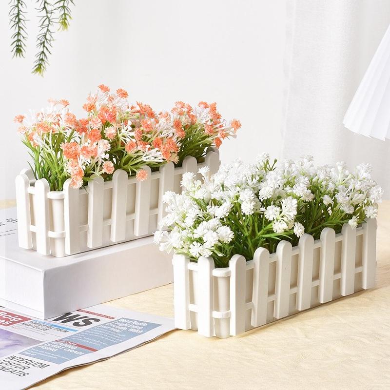 Artificial Daisy Potted Plants in Picket Fence Pots Set of 3 | Home Office Window Wedding Indoor & Outdoor Decor