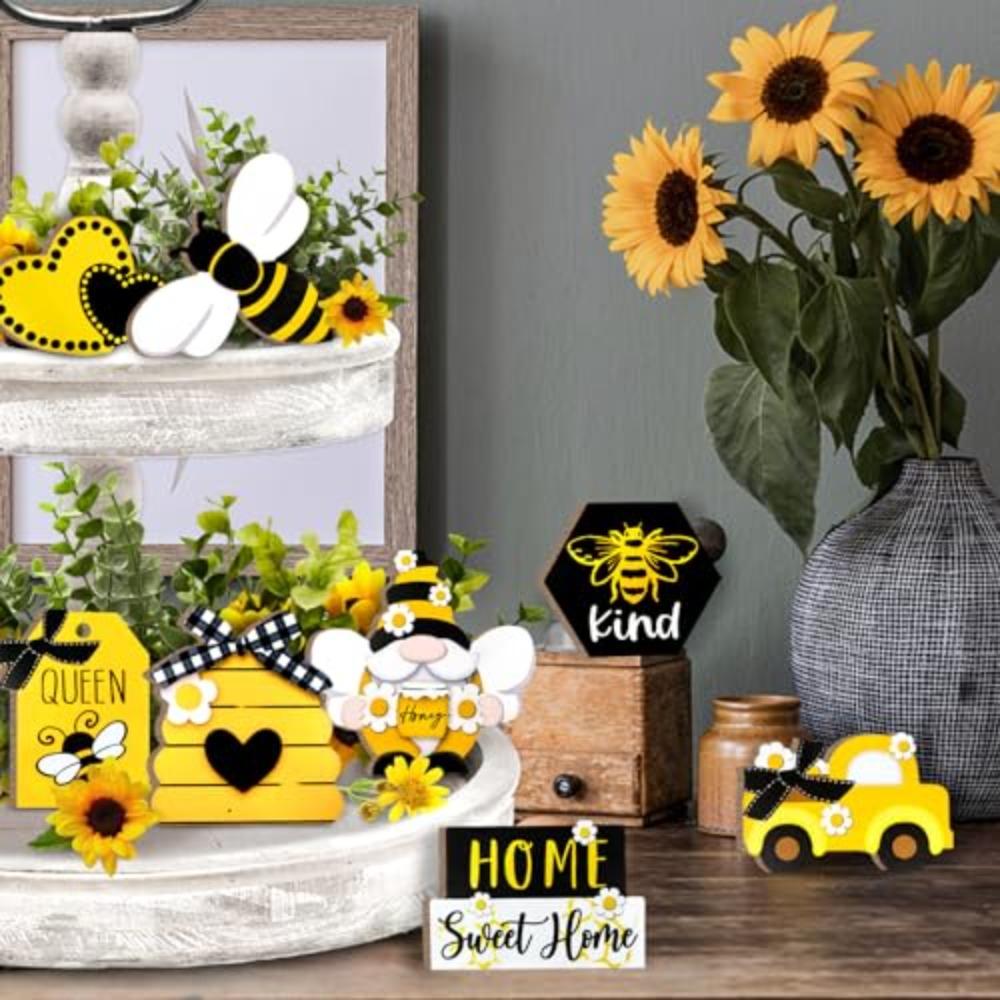 Farmhouse Tiered Tray Decoration Set | Bumble Bee Gnome Honey Truck & Hive Wooden Signs for Rustic Home Decor
