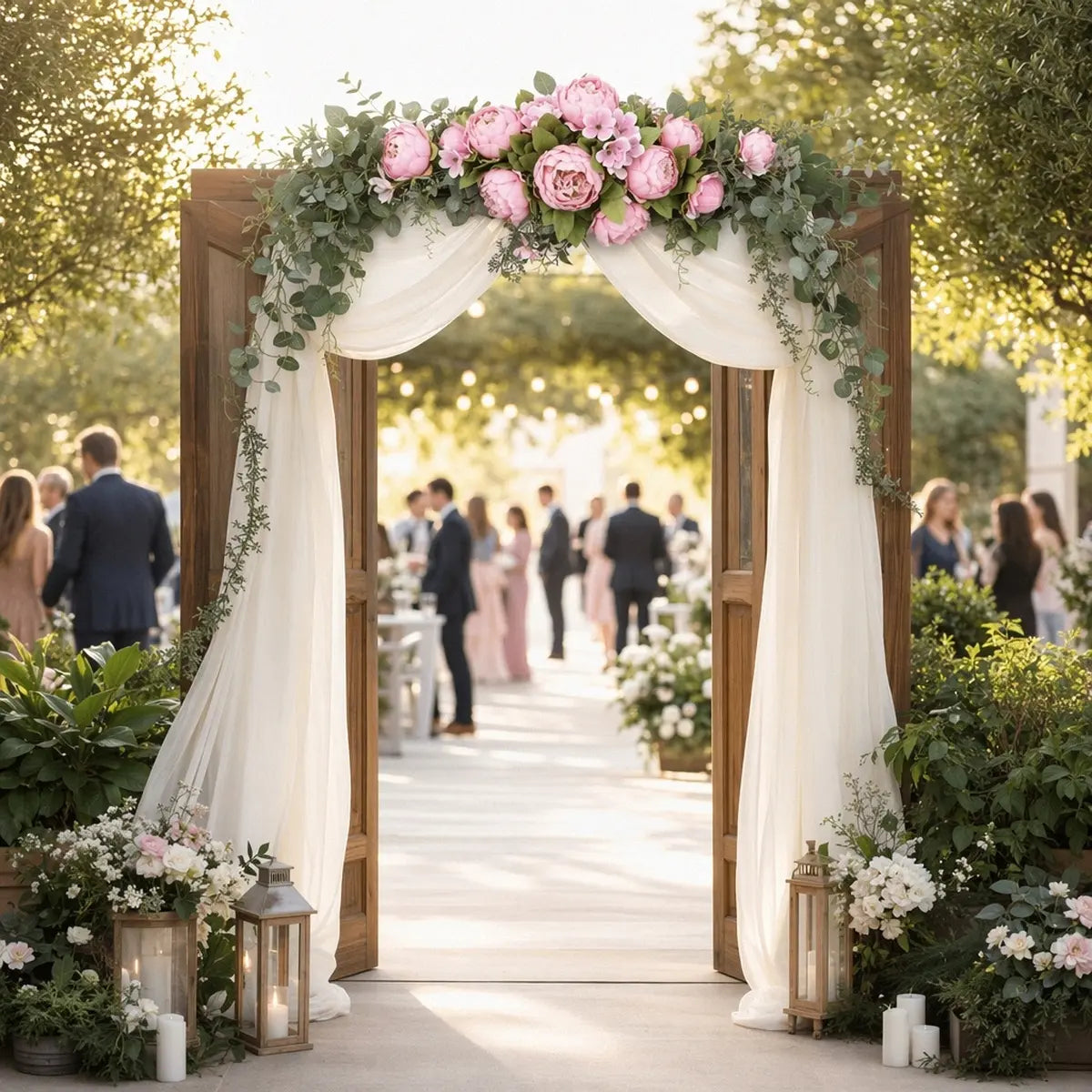 Artificial pink peony eucalyptus swag on top of wooden door frame arch at outdoor garden wedding reception with lanterns – IPOPU
