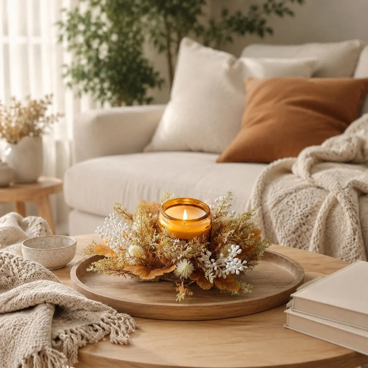Neutral fall candle ring wreaths with cream berries and golden leaves displayed around candles on a white sofa side table in a bright living room