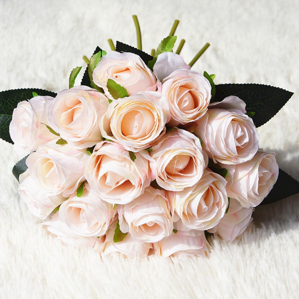 18 Heads Long Stem Silk Rose Artificial Flowers | Wedding Bouquet Centerpiece Bridal Shower Party & Home Decor in Beige Pink White
