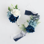 Dusty Blue Boutonniere Corsage & Wrist Flower Set 2pcs | Wedding Bridesmaid Groomsmen Anniversary Prom & Formal Party