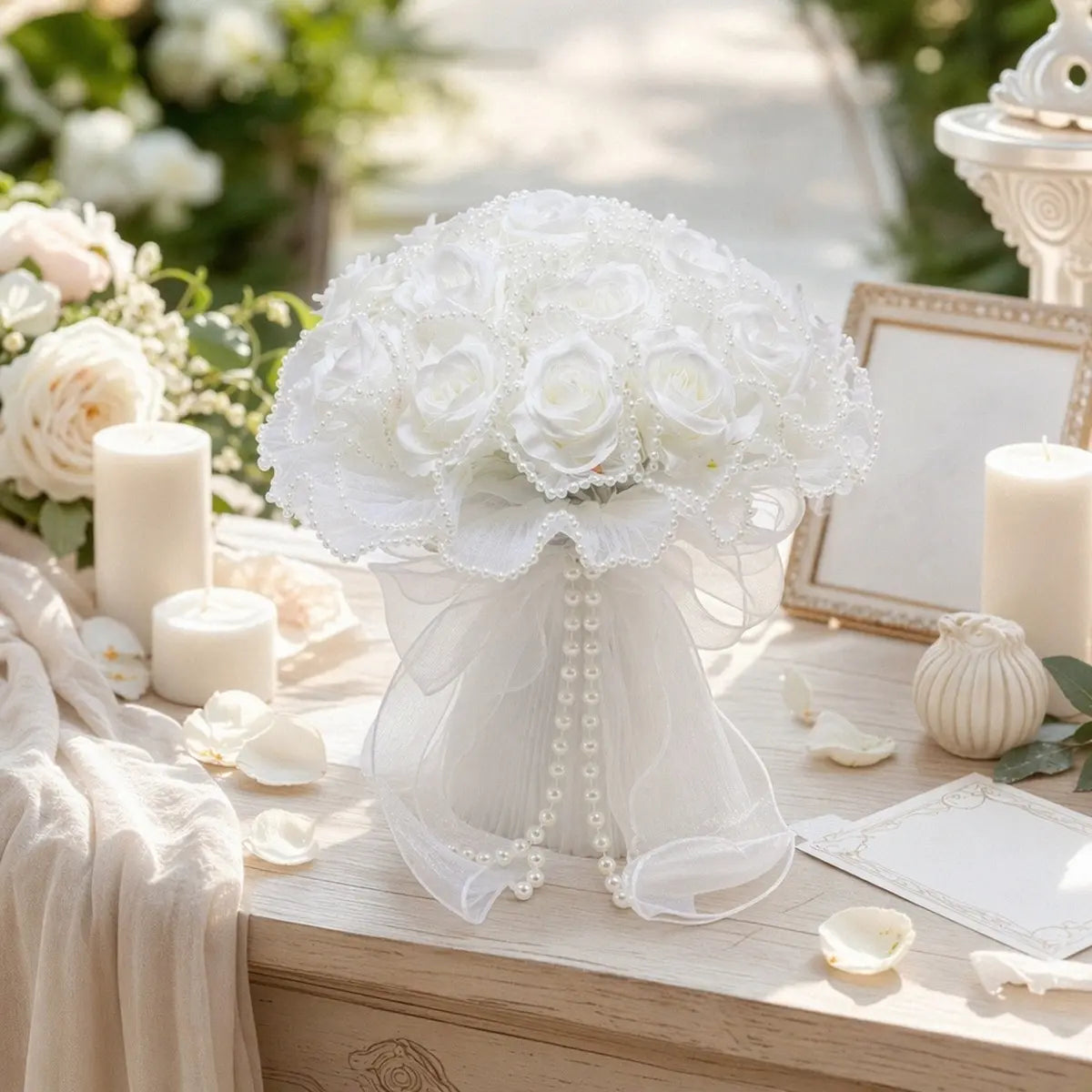 Artificial white rose pearl bouquet with cascading organza ribbon displayed on rustic outdoor wedding welcome table with candles – IPOPU

