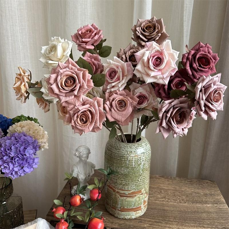 Large artificial rose branch in multiple colors for retro vintage decor