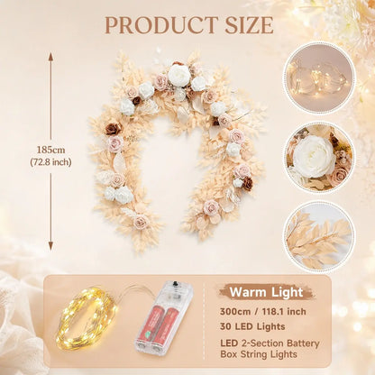 Boho artificial rose garland size chart – 185cm (72.8 inch) wreath with blush white brown roses, 300cm warm white LED string lights, 30 LEDs, battery box – IPOPU