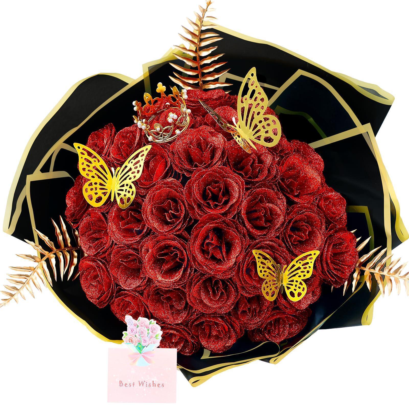 DIY Glitter Rose Bouquet Gift Set 24pcs | Graduation Birthday Gift with Stickers Ribbons Butterflies Crown in 7 Colors (Assembly Required)