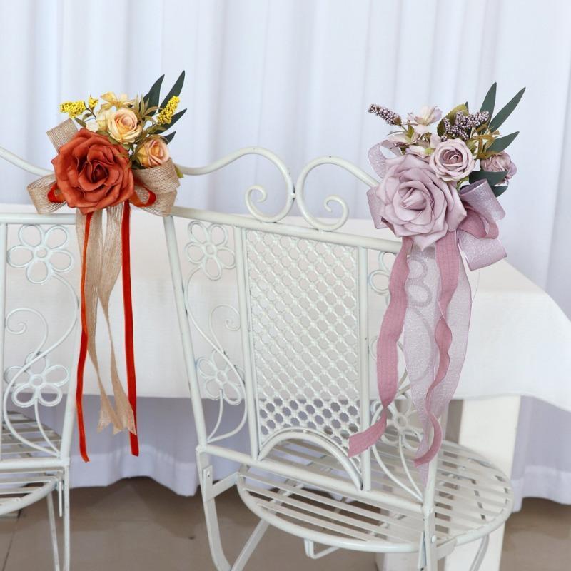 Artificial Flower Pew Decorations 2pcs with Eucalyptus and Ribbons | Wedding Aisle Church Chair Ceremony & Party Decor in White Champagne Pink Orange Blue Red