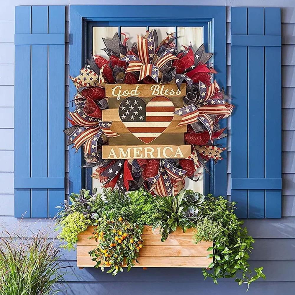 4th of July Wreath for Front Door | Patriotic American Flag Burlap Design in Red White Blue Farmhouse Decor