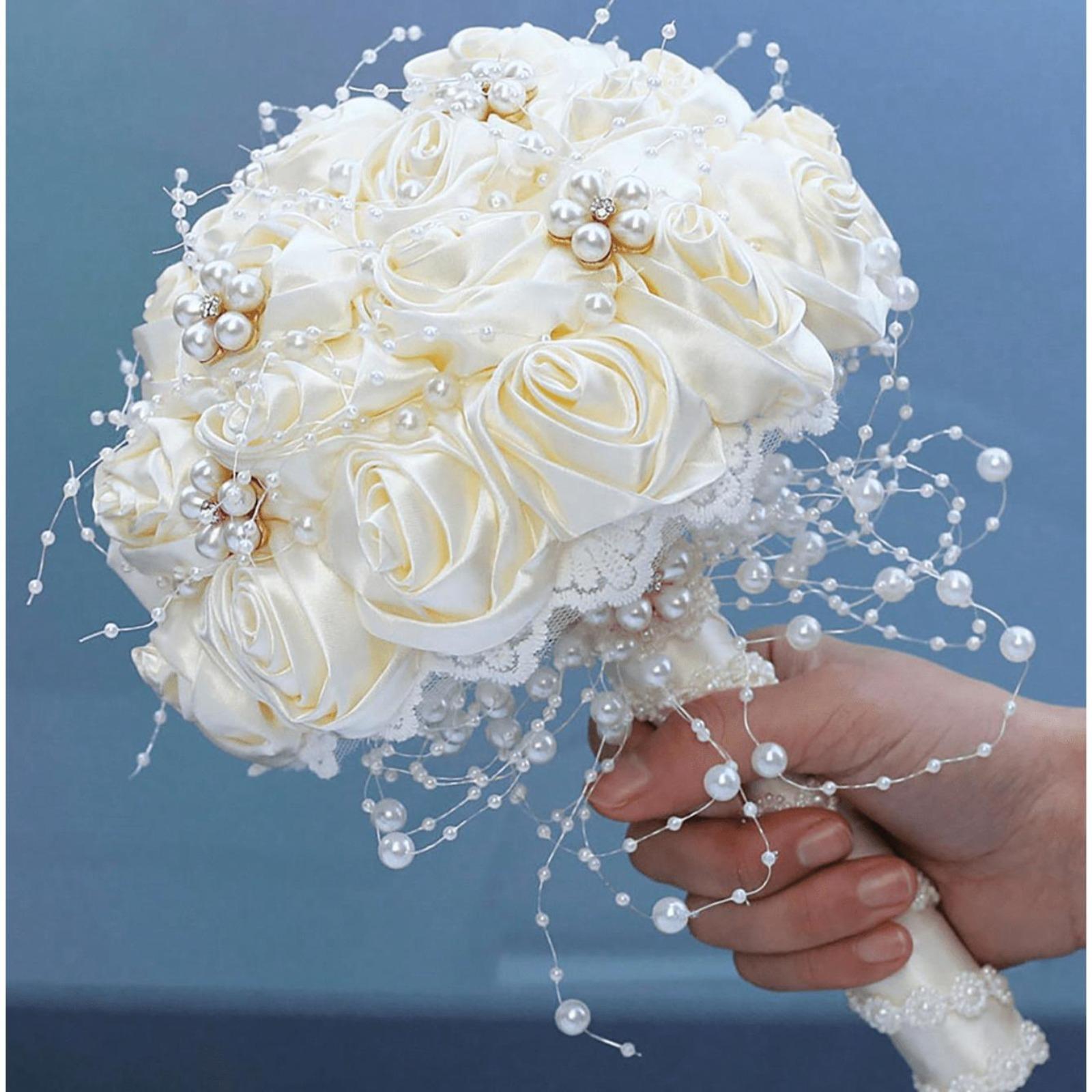 Luxury Rhinestone & Pearl Bridal Bouquet | Wedding Flowers for Bride & Bridesmaid in White & Pink