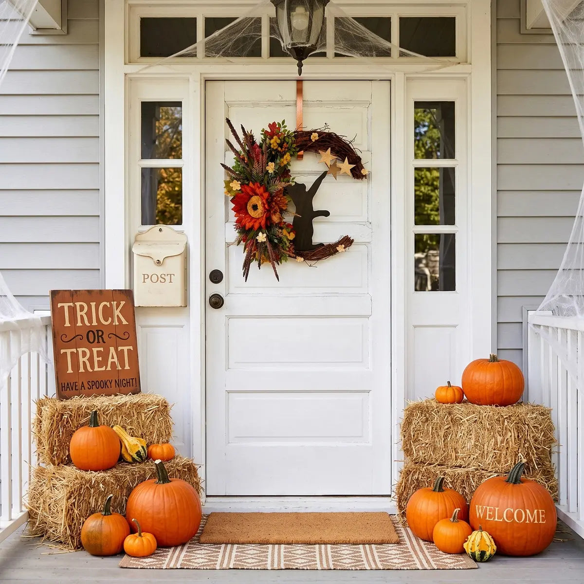 Halloween moon cat sunflower wreath hung on white front door, surrounded by hay bales, orange pumpkins and Trick or Treat sign for outdoor Halloween porch decor
