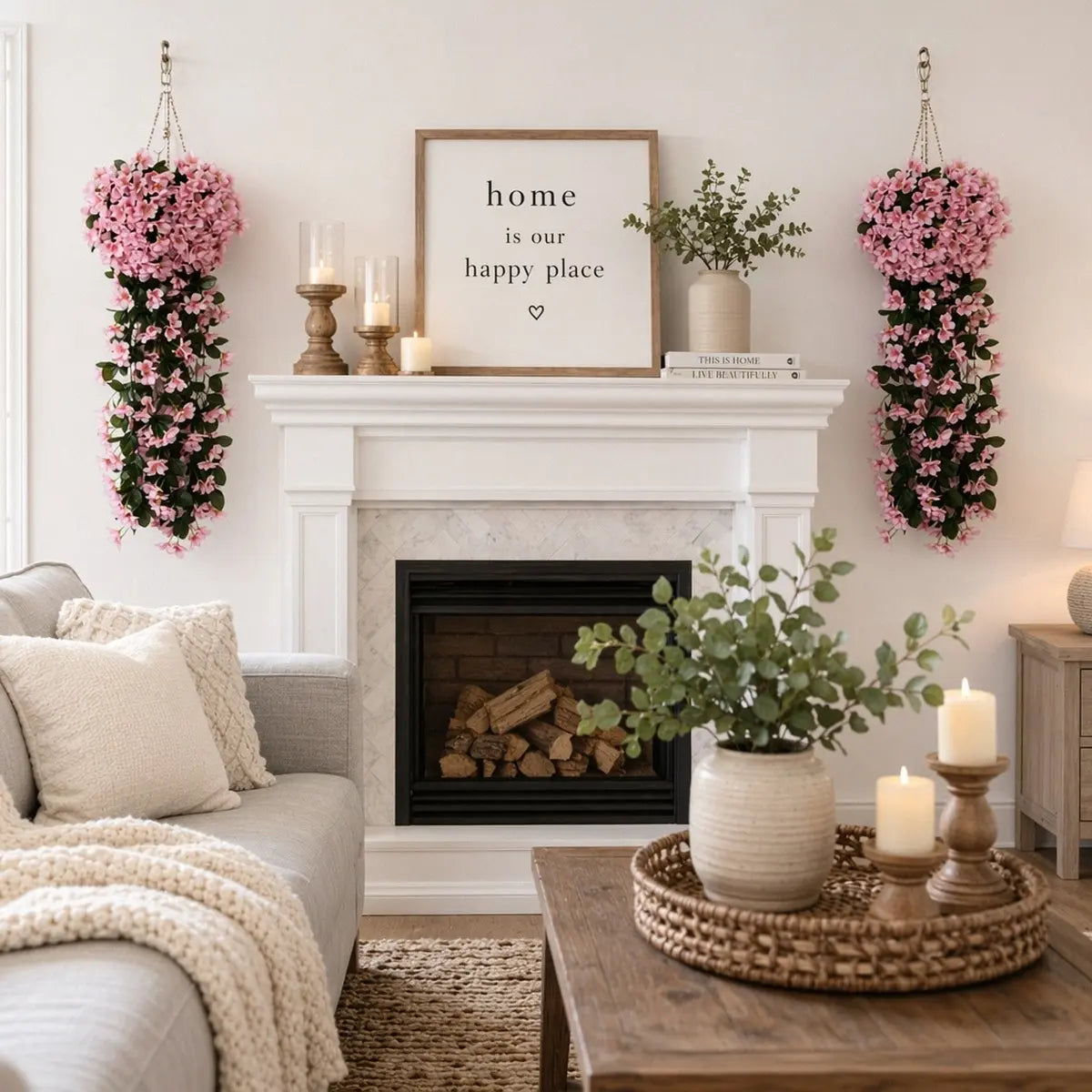 2 pack artificial pink hanging flower vines flanking white living room fireplace mantel, farmhouse aesthetic indoor wall décor
