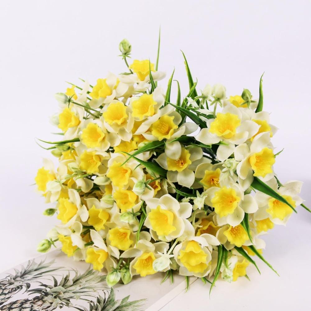 Artificial Daffodils Flowers 5 Bundles | Faux Spring Blooms for Wedding Home Garden & Photography Decor in Yellow Beige