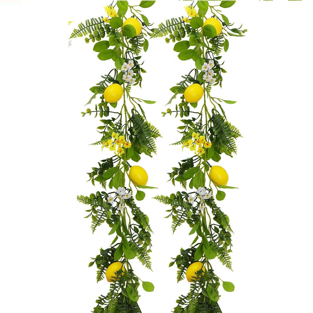 Artificial Lemon Garland with Fairy Lights | Greenery Vine Faux Fruit White Yellow Flowers for Home Garden & Wedding Decor