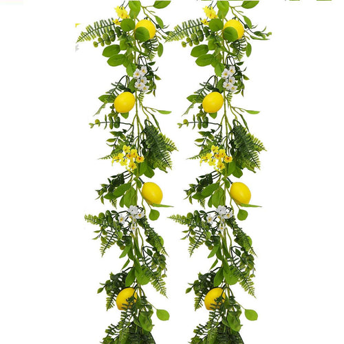 Artificial Lemon Garland with Fairy Lights | Greenery Vine Faux Fruit White Yellow Flowers for Home Garden & Wedding Decor