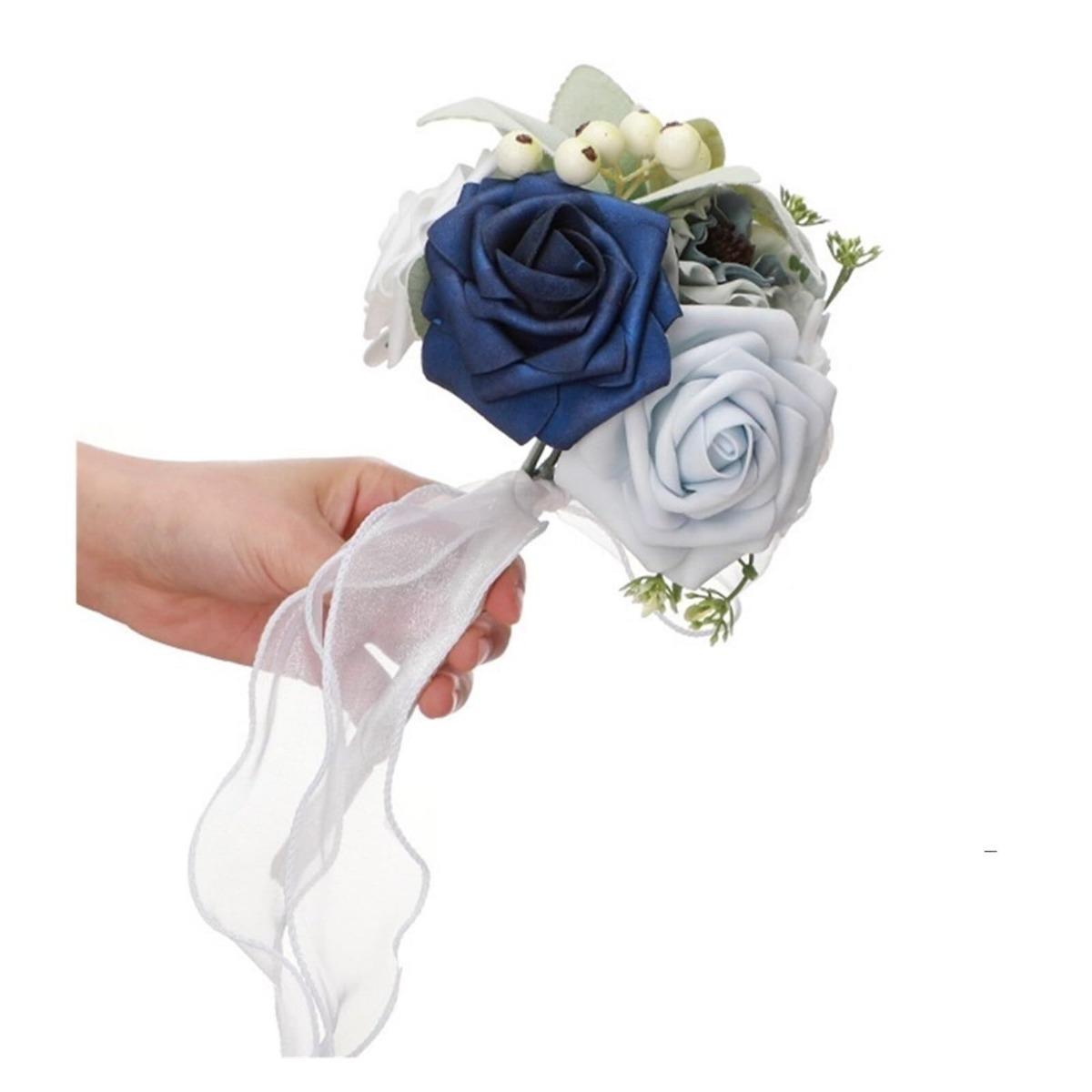 Lake Blue Artificial Rose Bouquet | Wedding Bridesmaids Groomsmen Bridal Party Decor with Decorative Fruit Ornaments