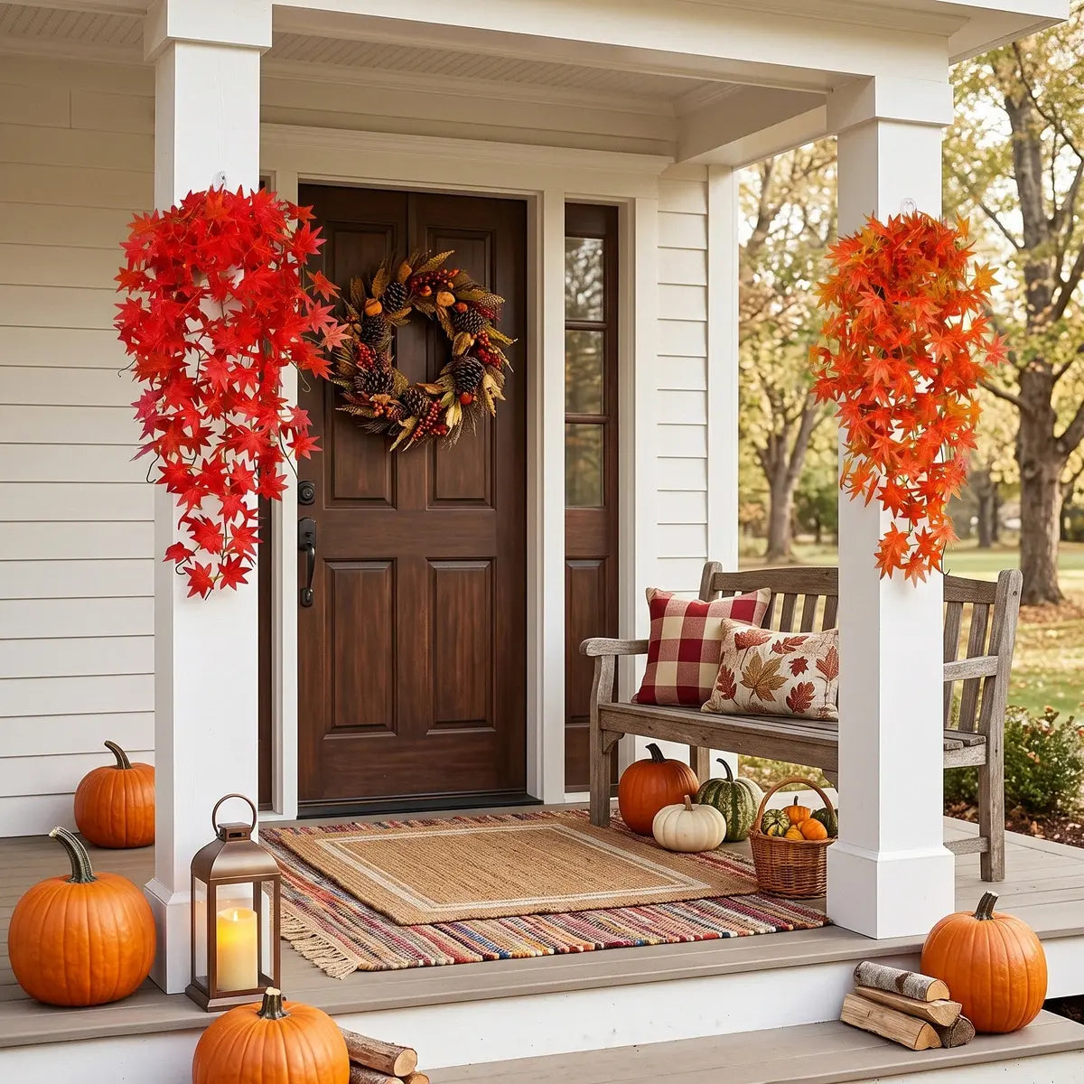 Artificial fall maple leaf garlands hanging on front porch columns with pumpkins and wreath, Thanksgiving outdoor decor