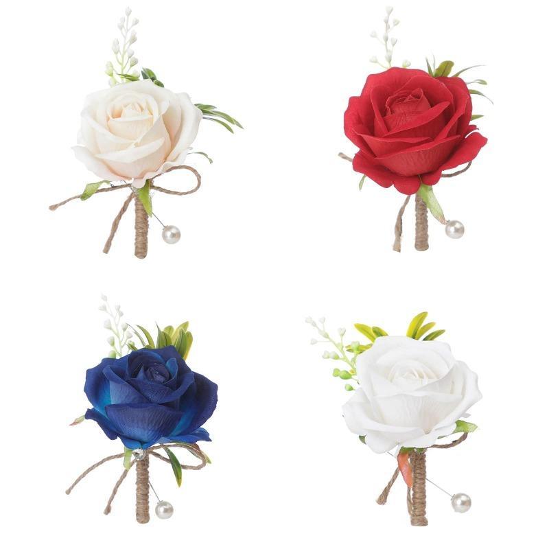 Groom & Groomsmen Boutonniere Brooch Set of 4 | Faux Pearl Wedding Lapel Flowers in Beige Red White Blue