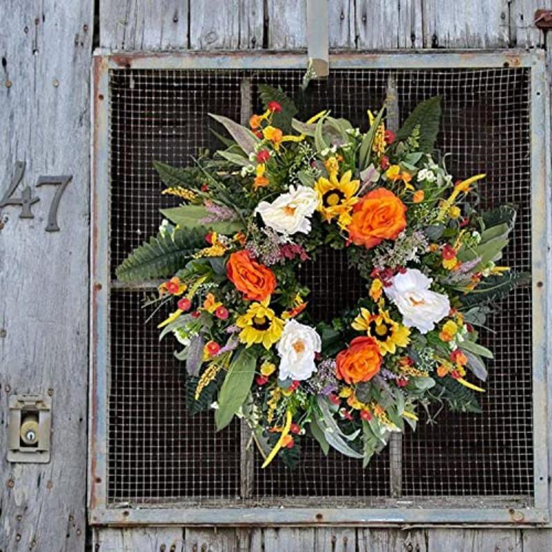 Colorful Artificial Floral Wreath with Sunflower and Green Leaves | Front Door Wall Spring Summer Party & Graduation Decor