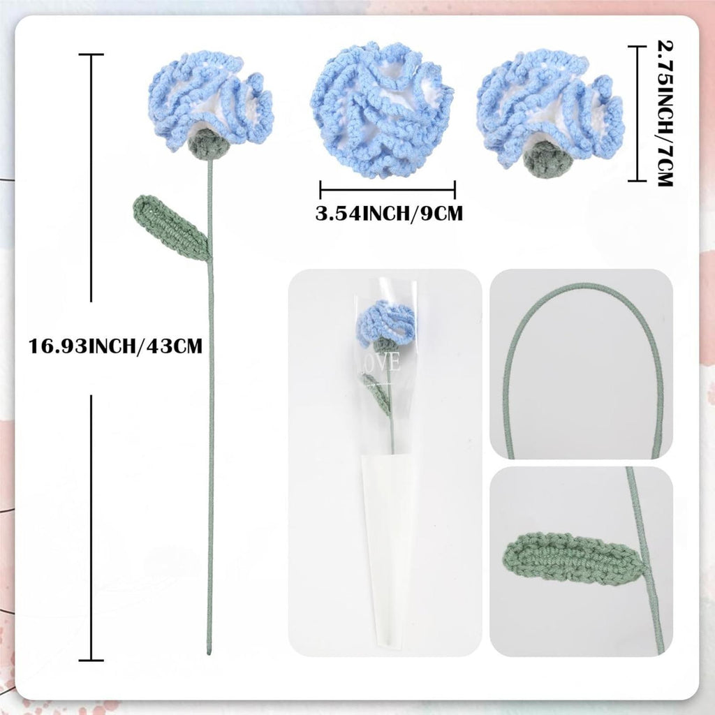 Handmade Crochet Carnation Flowers 6pcs 16.9 inch Bendable Stem | Vase Table Home Decor & Gift in Red Pink White Blue Peach Pink