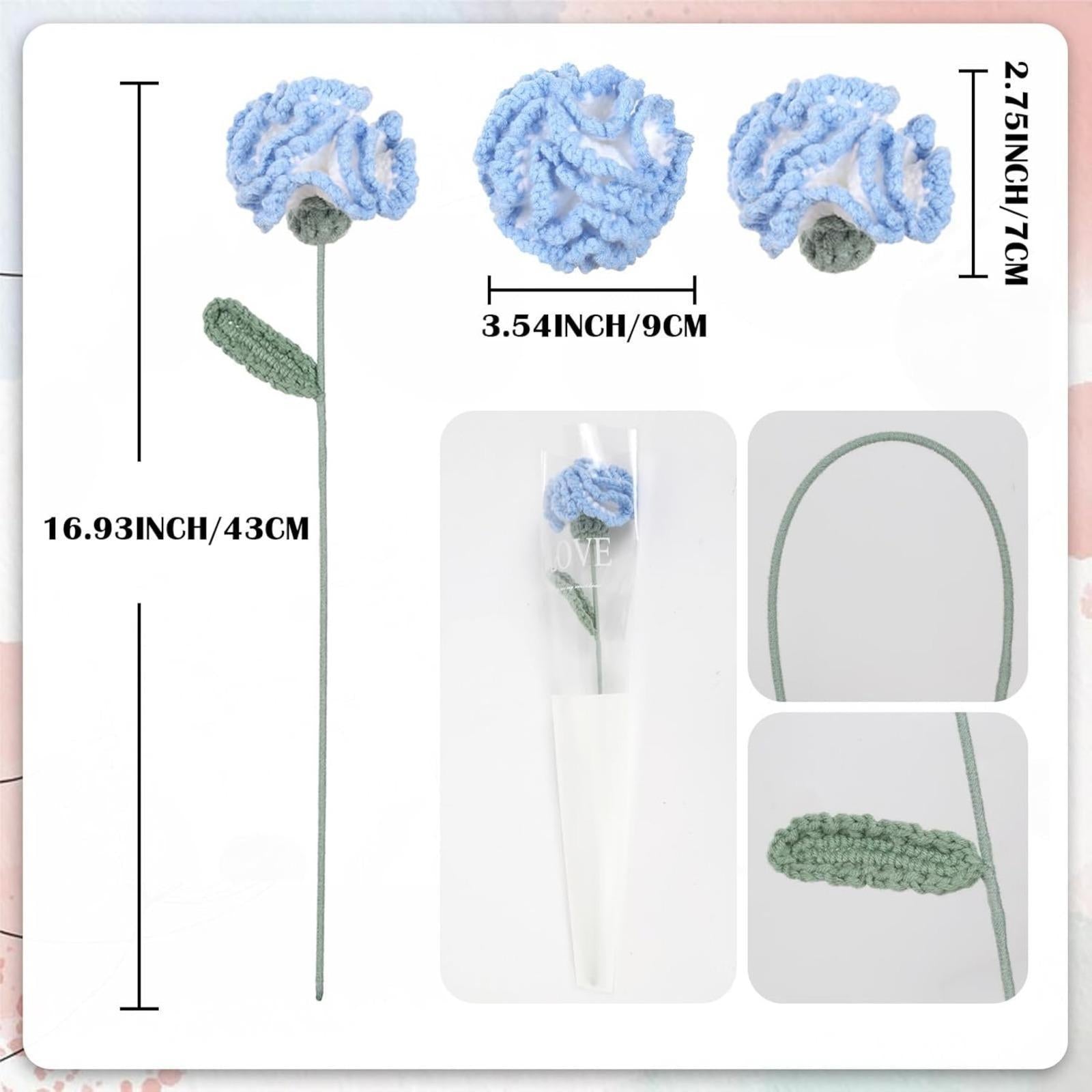 Handmade Crochet Carnation Flowers 6pcs 16.9 inch Bendable Stem | Vase Table Home Decor & Gift in Red Pink White Blue Peach Pink