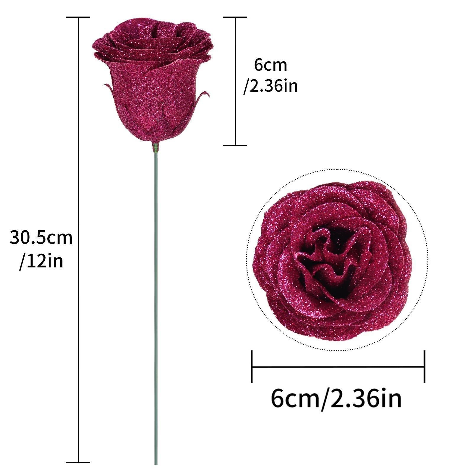 Glitter Roses Bouquet with Stems 30pcs | Wedding Party Christmas & Home Decor in Gold Silver Pink Purple 16 Colors