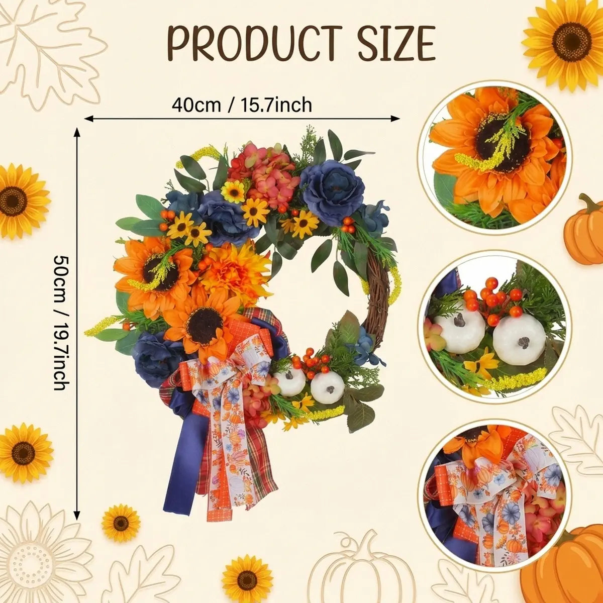 Product size chart for harvest fall wreath showing 40cm / 15.7in diameter with detail views of sunflowers, pumpkins and berries
