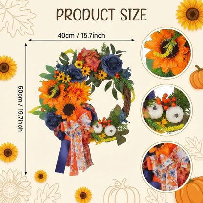 Product size chart for harvest fall wreath showing 40cm / 15.7in diameter with detail views of sunflowers, pumpkins and berries
