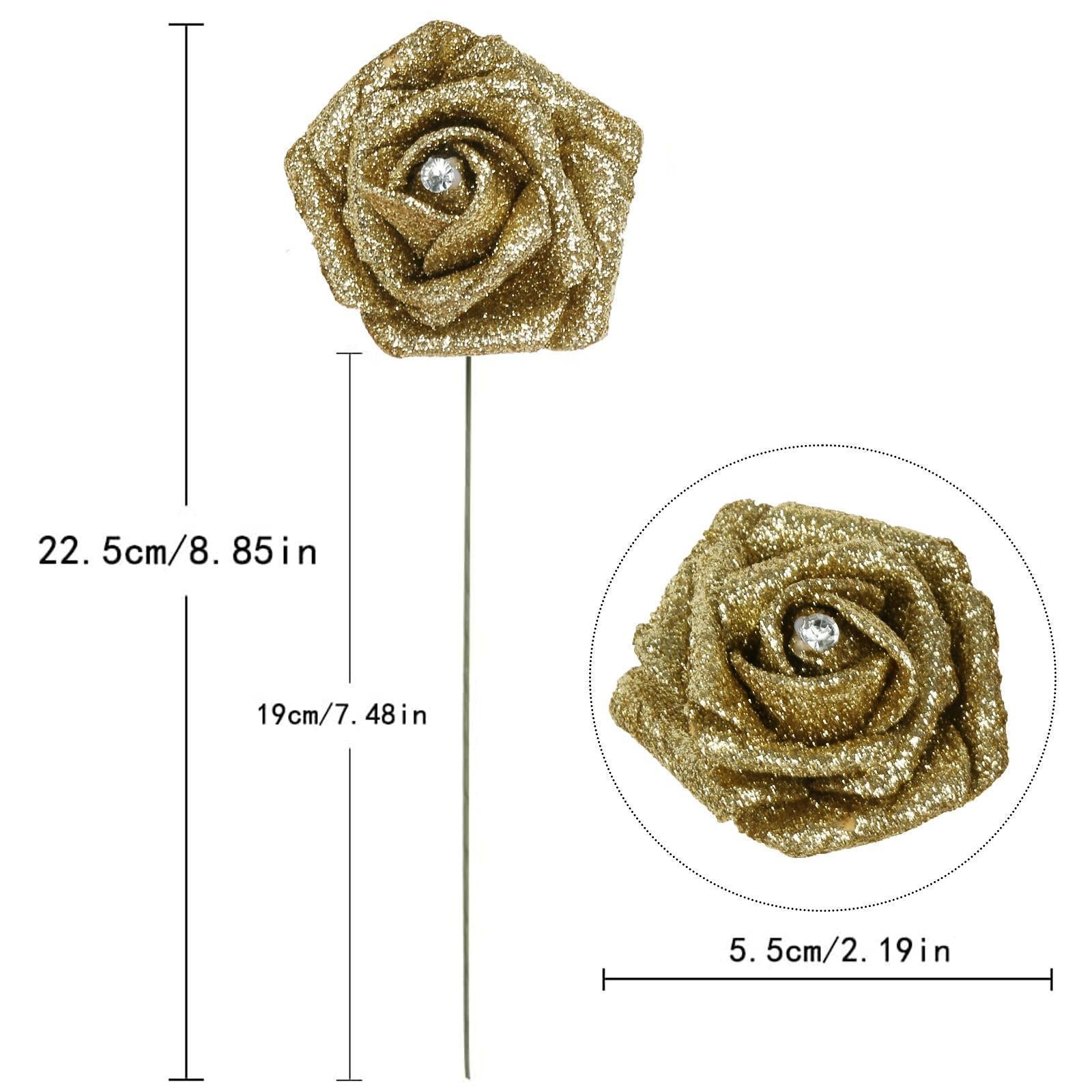 Glitter Foam Roses with Stems 25pcs | Wedding Bridal Bouquet Valentine's Day Party & Home Decor in Gold Silver
