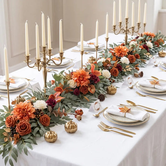 6FT Burnt Orange Eucalyptus and Rose Garland Styled as Fall Wedding Table Runner with Candelabras