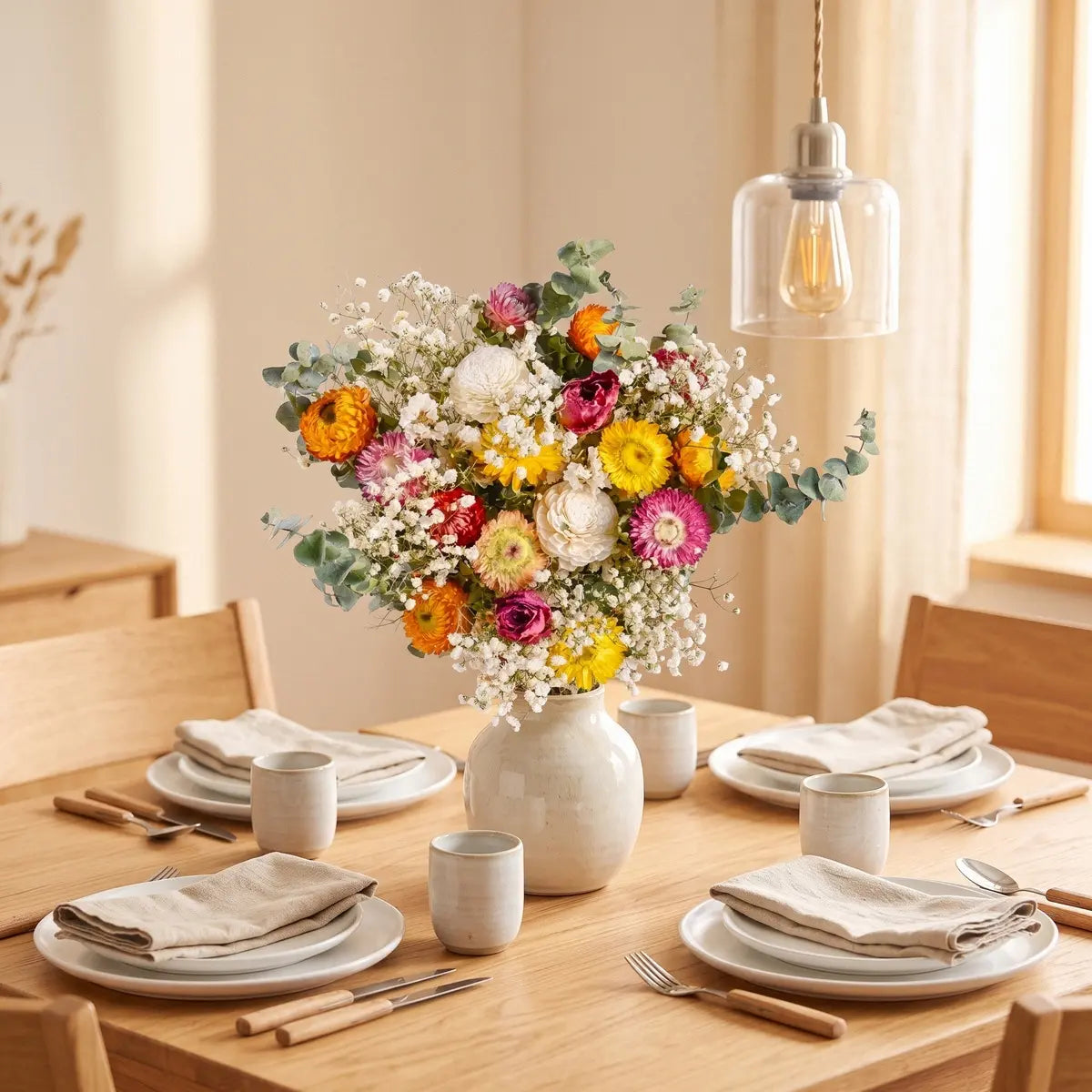 Colorful dried flower bouquet in white ceramic vase on fireplace mantel with pumpkins, candles and fall leaves, Thanksgiving home decor