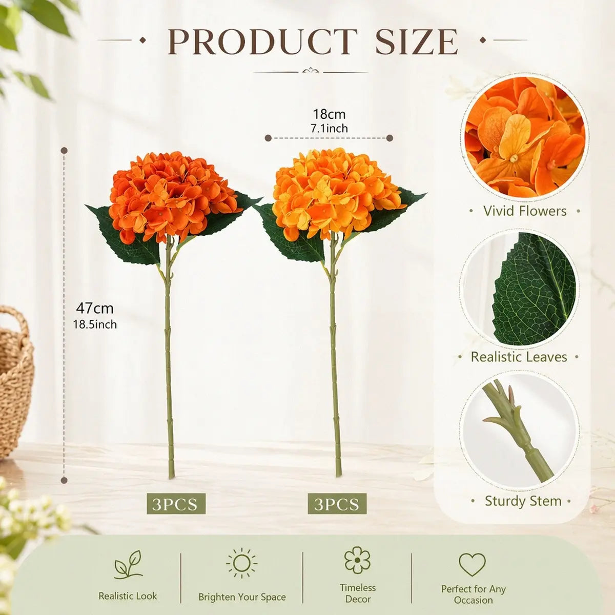 Product size chart for artificial orange hydrangea stems showing stem length dimensions and bloom details