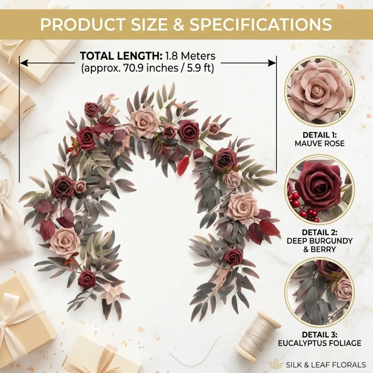 Black Maroon Eucalyptus Rose Garland Size Chart – 70.87 Inch Artificial Gothic Floral Swag
