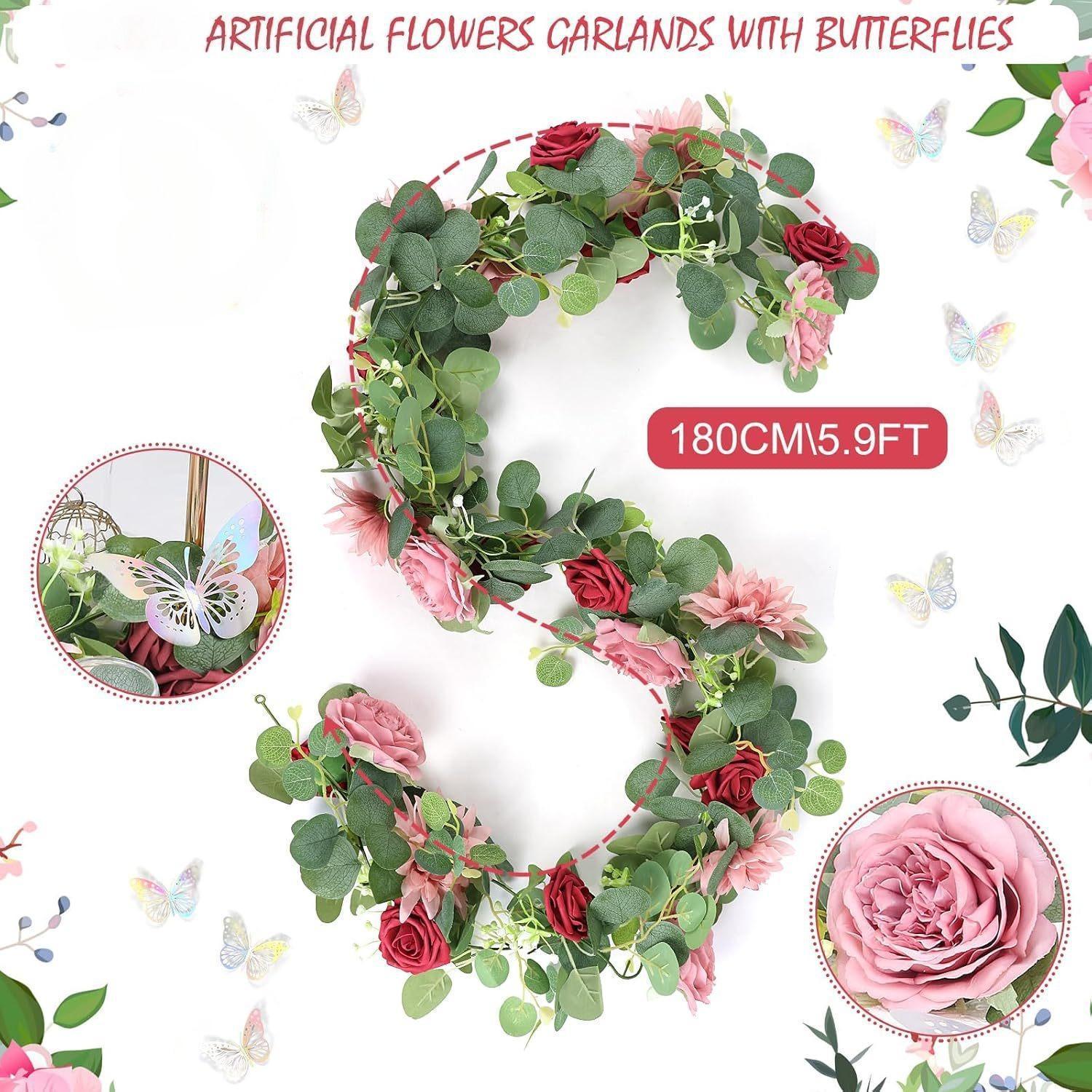 Artificial Rose and Eucalyptus Garland | Wedding Arch Table Backdrop Centerpiece & Home Decor in Pink White Purple Red