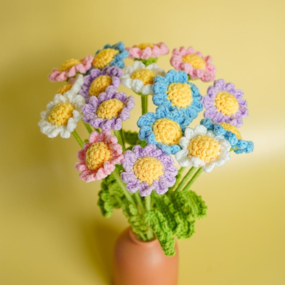 Handmade Crochet Sunflower Daisy Artificial Flowers 6pcs | Flocked Daisy Bouquet for Wedding Bedroom Centerpiece & DIY Decor in Pink White Purple Blue