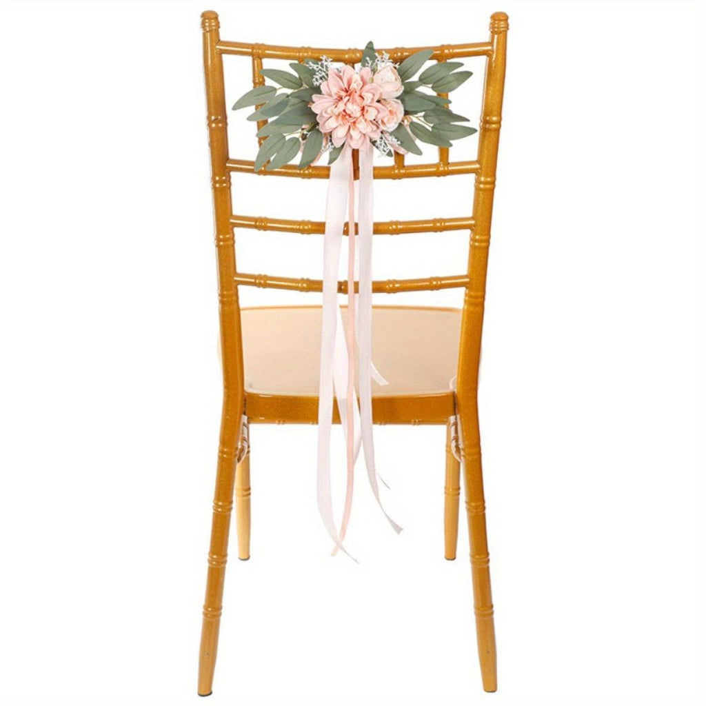 Artificial Rose Chair Decor 4pcs with Eucalyptus & Ribbons | Wedding Ceremony Aisle & Engagement Party Decoration in White Blue Pink Light Pink