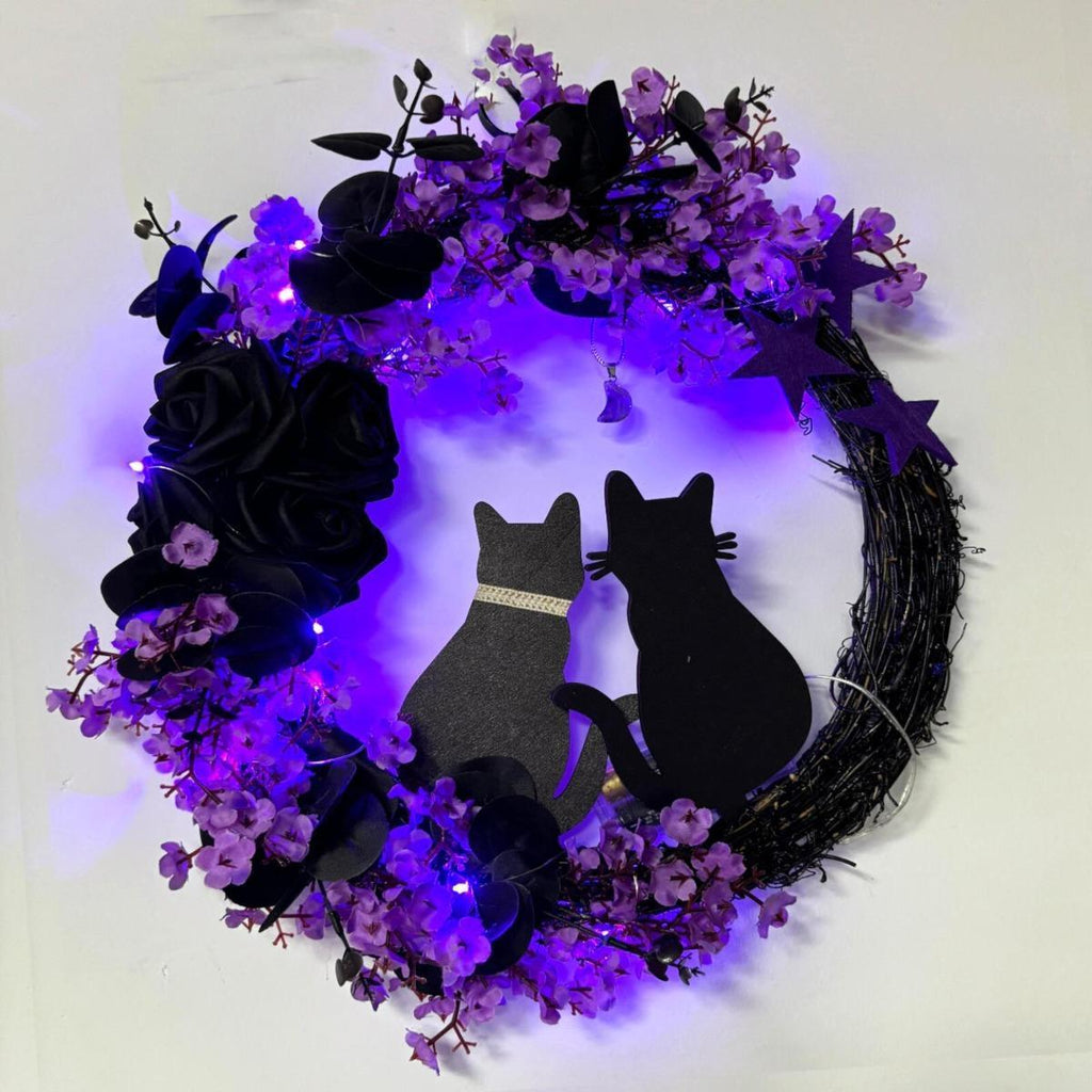 Halloween Black Cat Moon Wreath with Rose Flowers | Front Door Wall Window & Party Decor in White Orange Purple