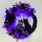 Halloween Black Cat Moon Wreath with Rose Flowers | Front Door Wall Window & Party Decor in White Orange Purple