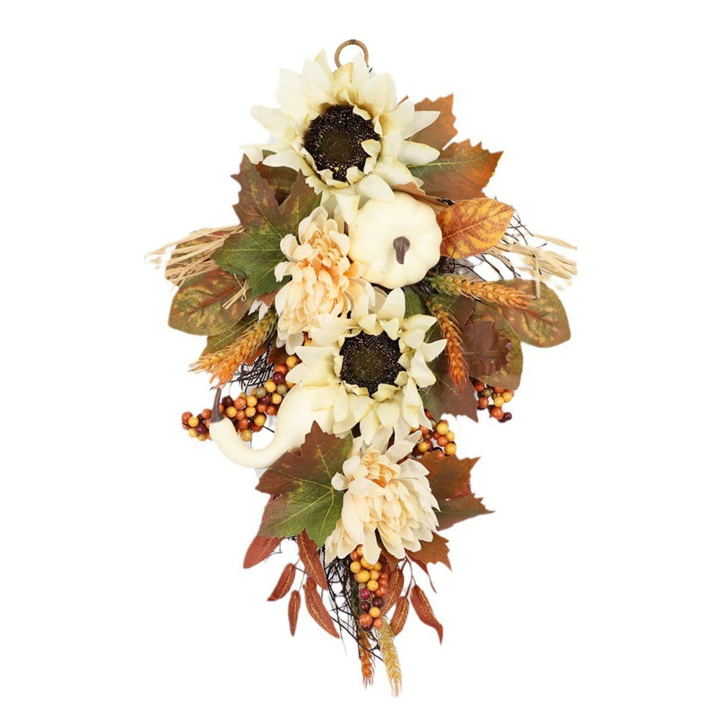 Fall swag wreath with sunflowers, pumpkins and autumn foliage
