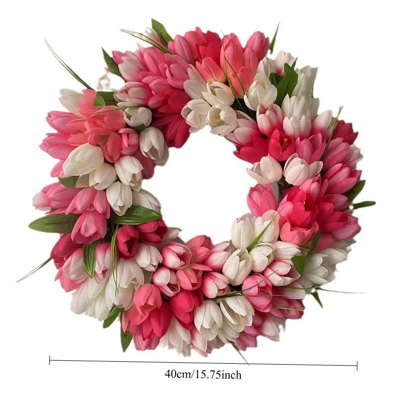 Artificial Door Wreath Spring Tulip Wreath for Front Door, Mothers Day Artificial Flower Wreaths with Pink Tulips for Wall Window Party Wedding Decor
