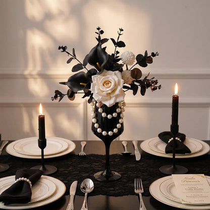 Gothic Artificial Flower Arrangement | Black Calla Lily & White Rose in Silver Goblet Vase