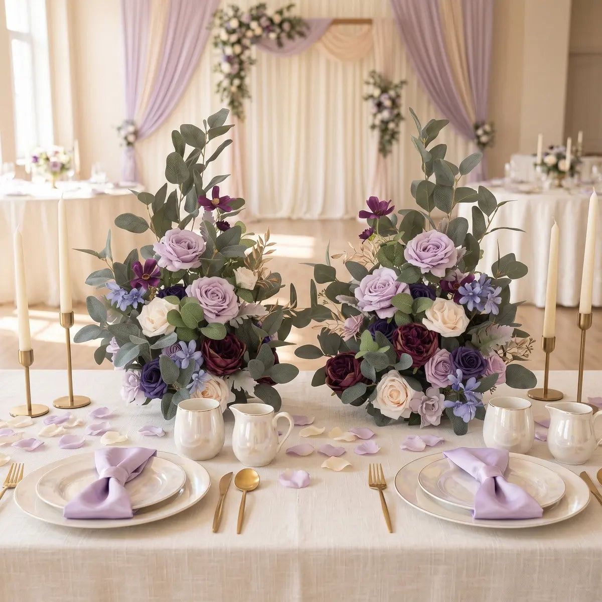 Set of 2 artificial purple lavender rose eucalyptus centerpieces on sweetheart table at indoor wedding reception with candles – IPOPU
