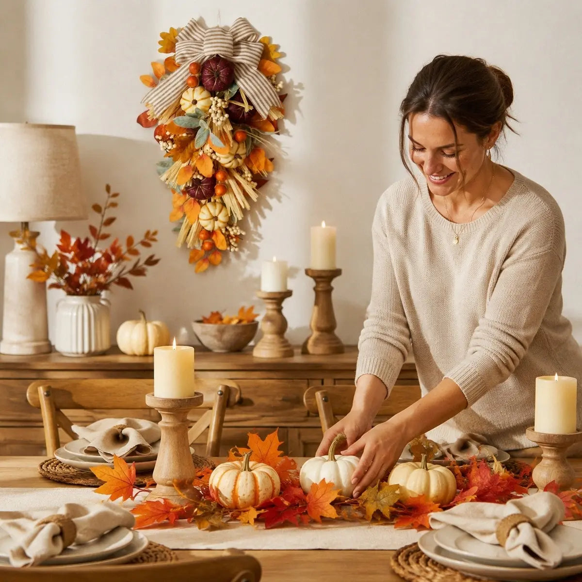 Person arranging a fall teardrop swag with white pumpkins, eucalyptus and autumn leaves for Thanksgiving table decor
