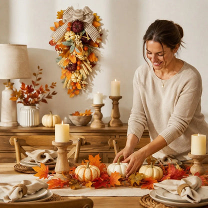 Person arranging a fall teardrop swag with white pumpkins, eucalyptus and autumn leaves for Thanksgiving table decor
