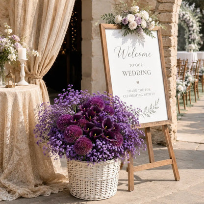 Artificial purple baby's breath allium calla lily stems set of 34 arranged in white wicker basket at outdoor wedding welcome sign – IPOPU
