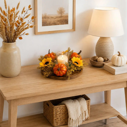 4 Pack Artificial Fall Candle Ring Wreath, 9.84 Inch Mini Autumn Candle Holder Wreath with Orange Pumpkins, Sunflowers and Foliage, Small Table Centerpiece Ring for Farmhouse Kitchen, Thanksgiving Harvest and Farmhouse Indoor Tabletop Decor