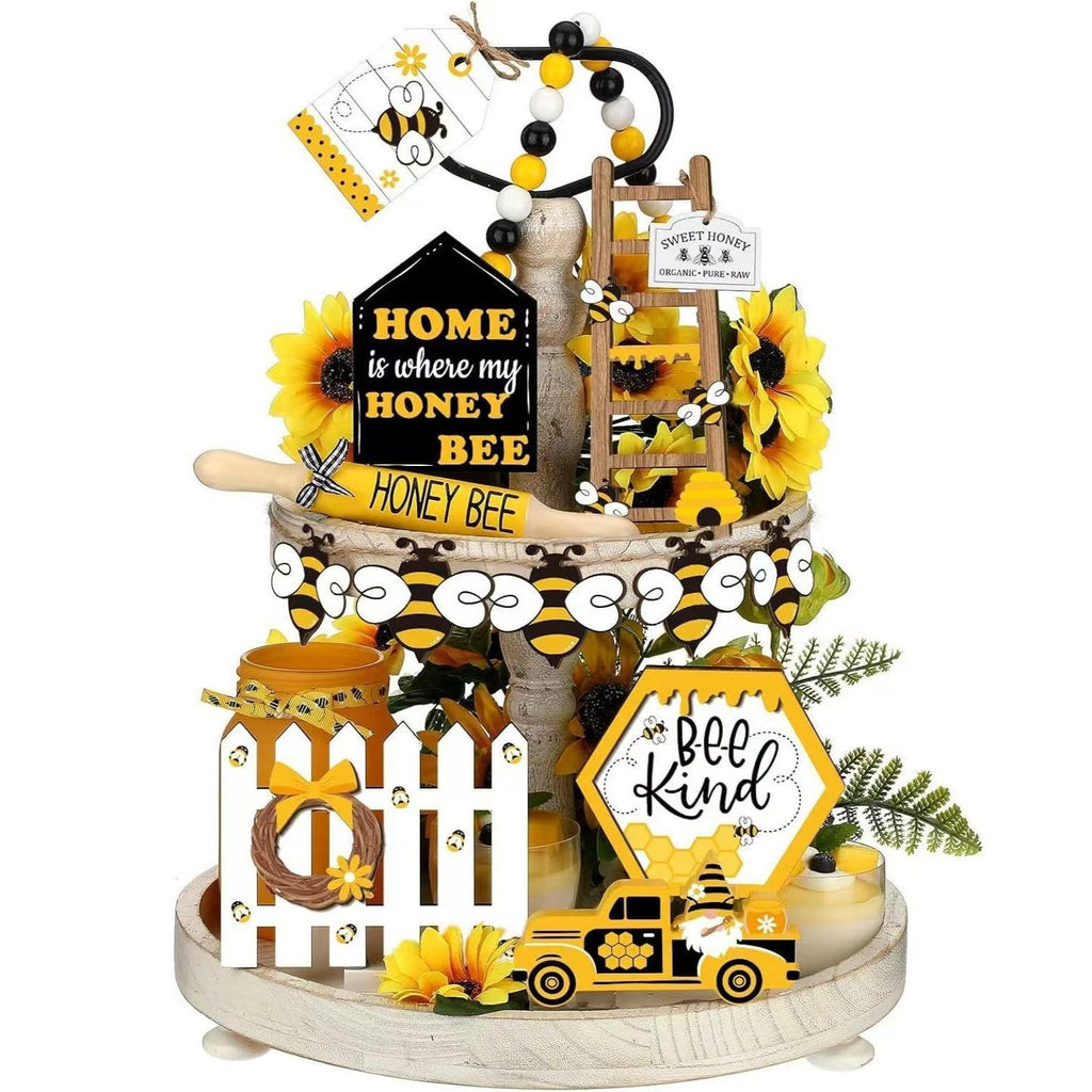 Summer Tiered Tray Decor Set | Honey Bee Gnome Wooden Signs & Yellow Truck for Farmhouse Kitchen Home Party